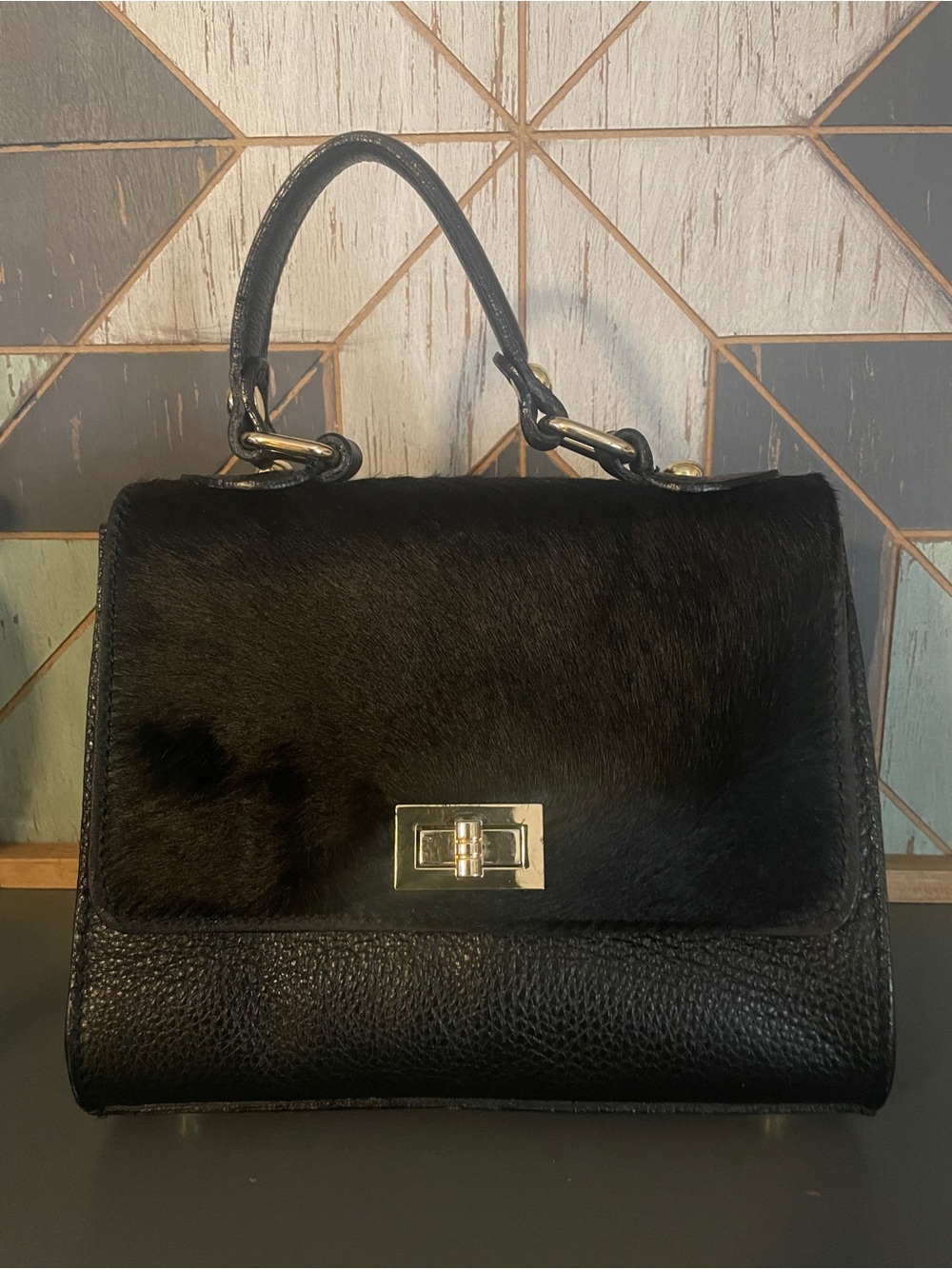 Vintage Italian Small Black Leather Calf Hair Nubuck 2-in-1 Satchel Handbag